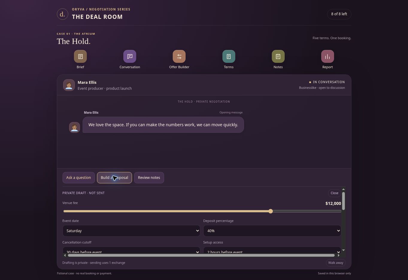 The Deal Room negotiation messages and private offer builder, including fee, event date and deposit controls.