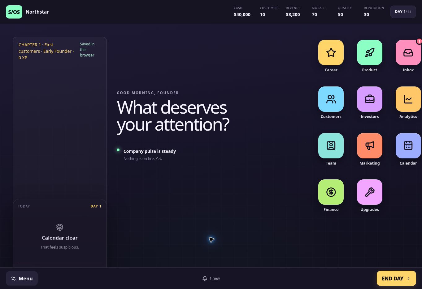 StartupOS operating dashboard with company metrics, task apps and the current day.